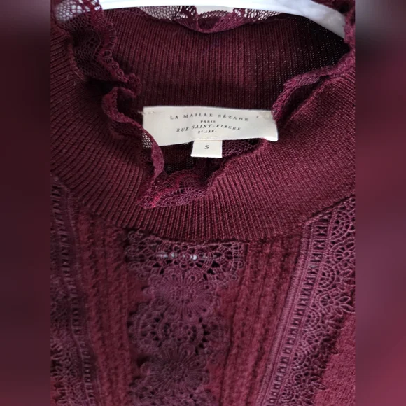 🍷 Sézane Kate Jumper in Burgundy | Size SMALL | Lace Detail Sweater - Picture 5 of 6